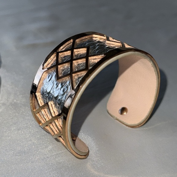 Modern Rose Gold & Silver Tone Snakeskin Textured Lattice Cuff Bracelet - Picture 11 of 11